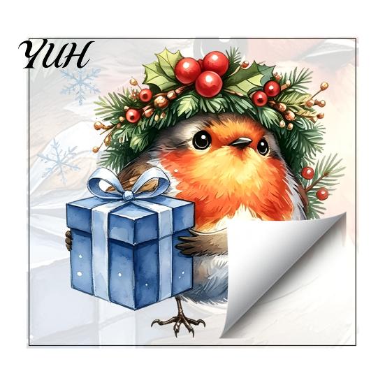 Cute Animal Pattern Stickers Christmas Bird Static Window Sticker, Watercolor Glass with Wreath And Gift Box, PVC Decals for Waterproof Clings Holiday