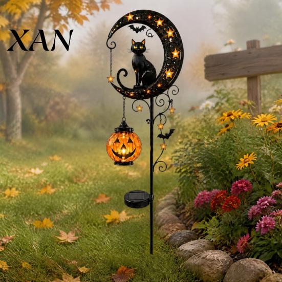 Decorative Lawn Stakes for Halloween Solar Garden Stake Light, Metal Black Cat & Pumpkin Moon Waterproof Powered Lights Decorations Patio Yard Pathway