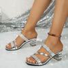 2024 Summer New Women's Sandals and Slippers with Medium Heel Thick Heel Women's Slippers with Open Toe High Heel Rhinestones