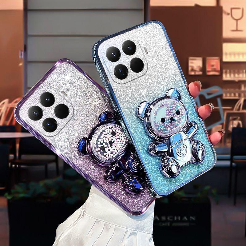Чехол для Xiaomi 17T Pro с градиентом, 3D-медведь, складная подставка-кронштейн, роскошный, тонкий, с покрытием, блестящий, для девочек, задняя крышка для Xiaomi 17T