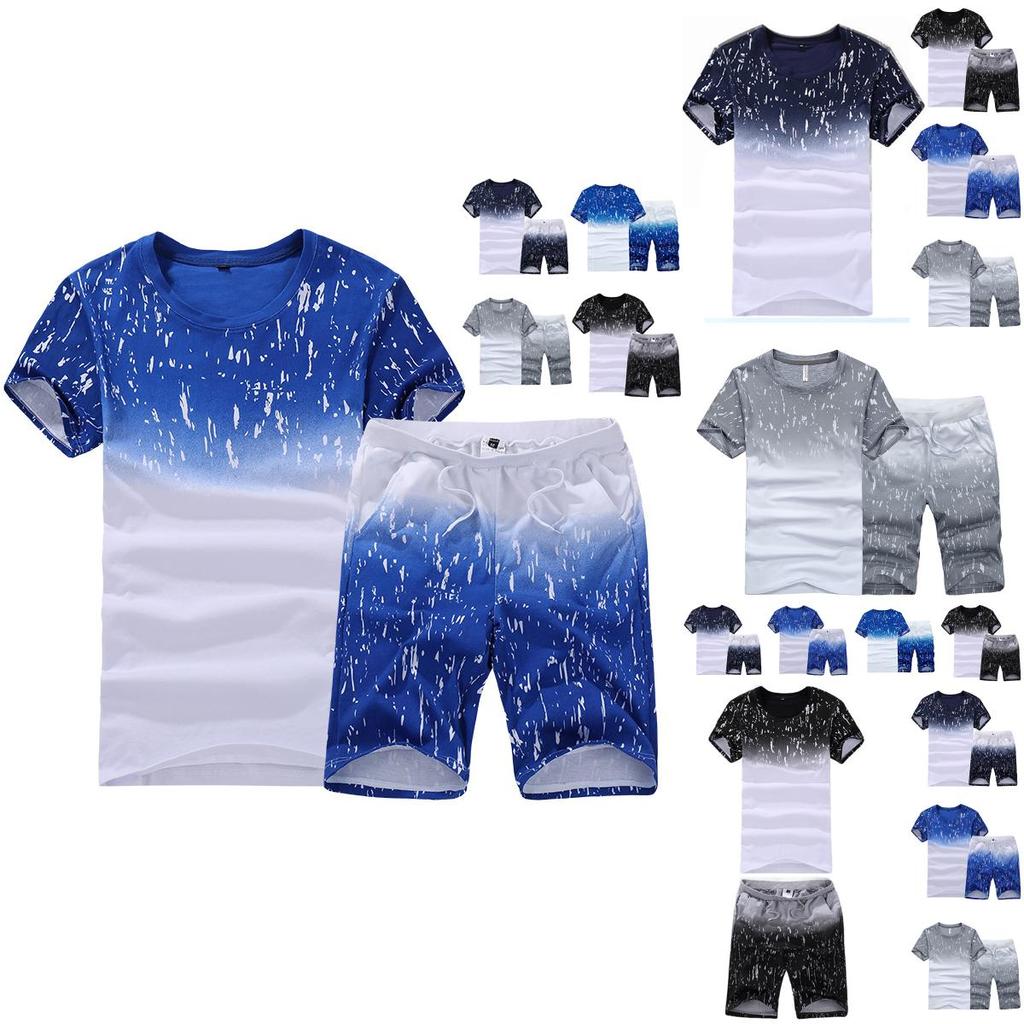 Crew Mens Neck Gradient Tshirtshorts Tracksuits Set Gym Jogging Running Pants