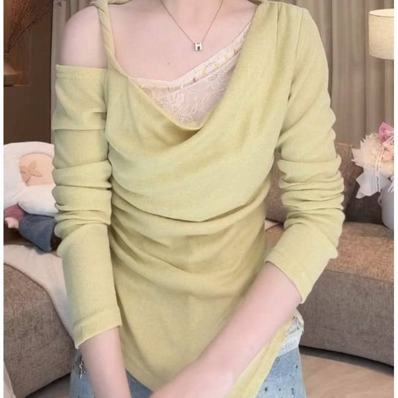 Spring Korean Style Womens Lace Spliced Top With Solid Color Design For Fashionable Outfits