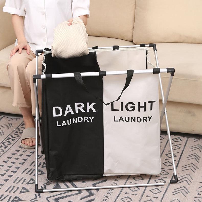 Foldable Aluminum Frame Double Compartment Laundry Basket with Handles