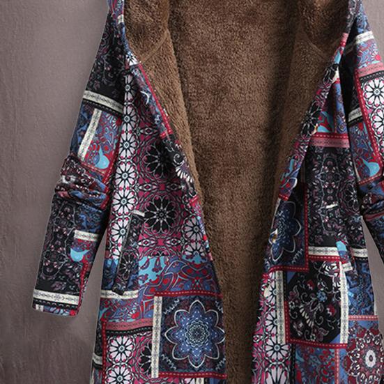 Women's Fleece Jacket Fall Winter Ethnic Printed Hooded Jacket Warm Long Sleeve Outwear Coat with Button Front for Daily Wear Outdoor Activities
