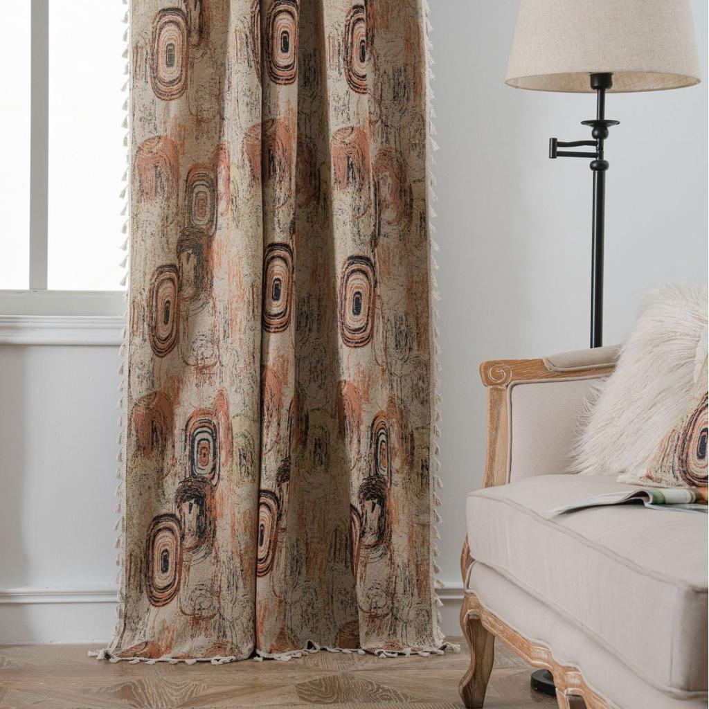 Curtain blue geometric jacquard fringed curtain finished kitchen curtain bay window semi-blackout direct supply