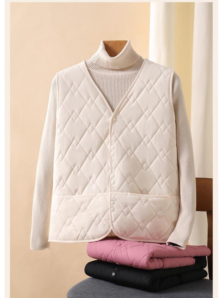 Women's Slim Wool Quilted Diamond Vest, Light and Warm for Autumn/Winter (White)
