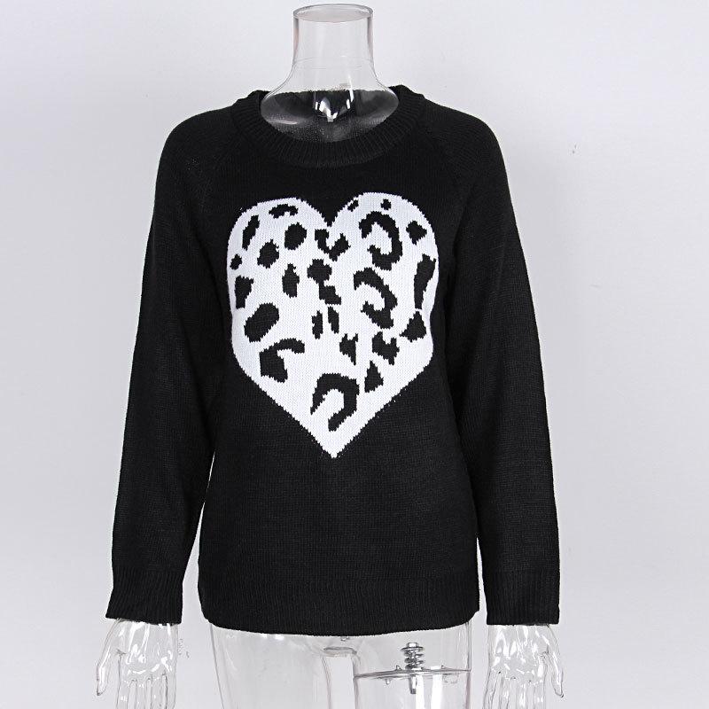 Женский осенне-зимний трикотажный свитер с круглым вырезом и леопардовым принтом Love Sweater