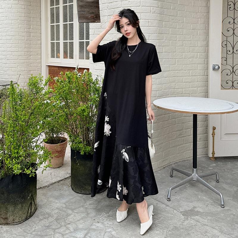 Женские платья весна-лето больших размеров из черного атласа в стиле пэчворк с жаккардом и короткими рукавами в китайском стиле