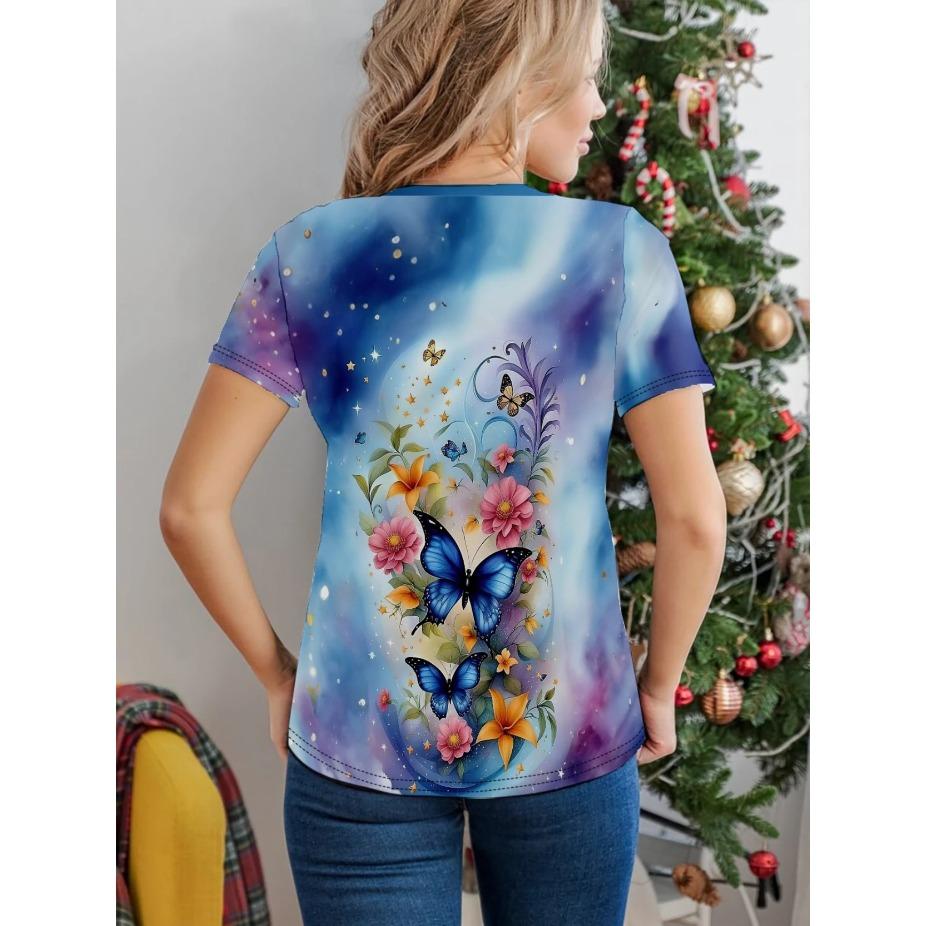 Женская футболка с принтом в виде бабочки и цветов - Удобная футболка с коротким рукавом и круглым вырезом, модная 3D-печать