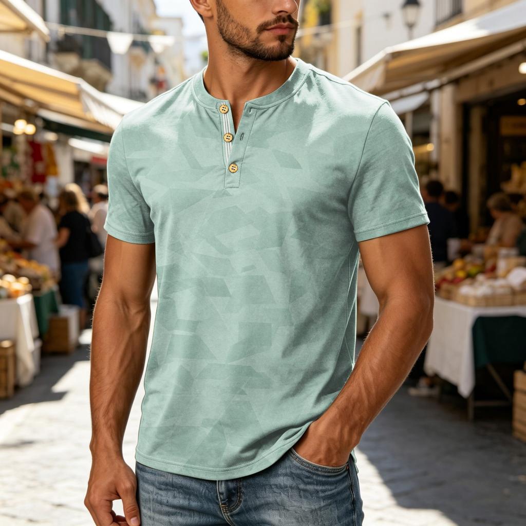 Мужская футболка-henley с коротким рукавом Повседневная с планкой на пуговицах Легкая дышащая летняя футболка Зауженный крой Мягкая ткань