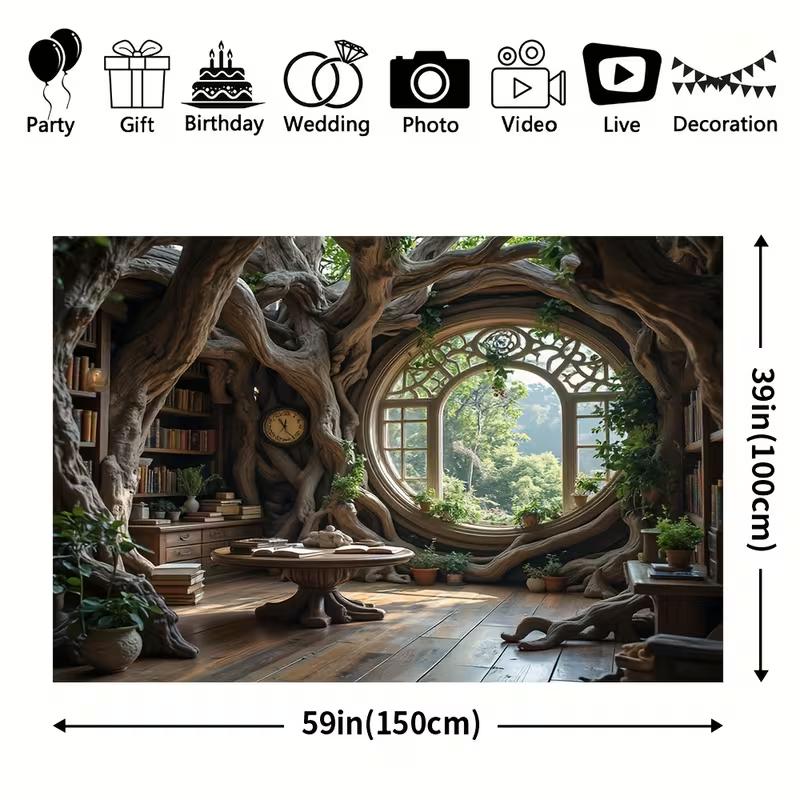 2D Фэнтезийный Лес Учебная Комната с Круглым Окном Фон Баннер для Фотосъемки