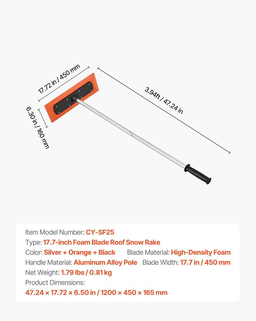 Snow Roof Rake, 1.2m Long Reach Car Roof Snow Scraper, 45cm Foam Blade for No Scratches, Non-Slip Handle, Lightweight Snows Removal Tool for Vehicle