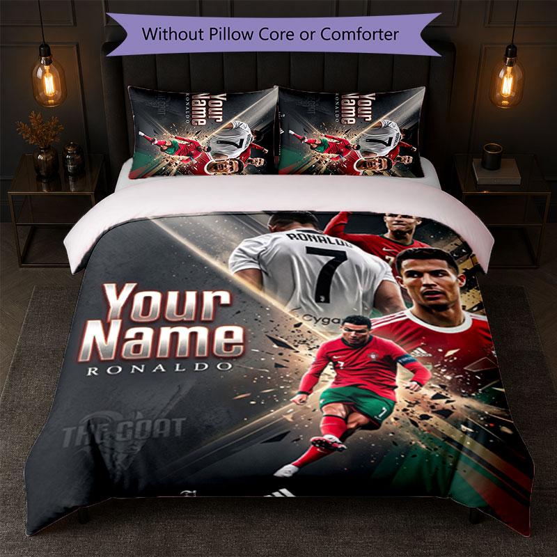 Cristiano Ronaldo Custom Name Text Bedding Set 1 Duvet Cover+2 Pillowcases Soccer Logo Personalized Gift For Special Occasion Bedroom Decor