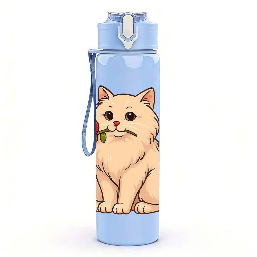1PC Cat Holding Red Rose Cartoon 750ml Color Plastic Sports Water Bottle Leakproof Flip Straw Lid Suitable for Sports Office Home Use