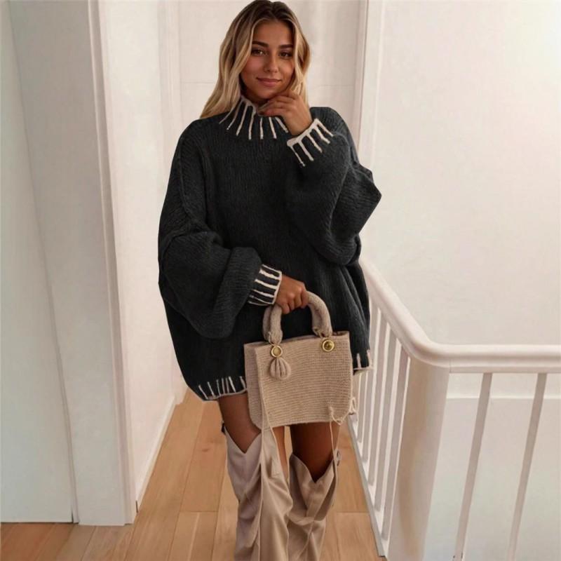 Womens Fall Winter Turtleneck Sweater Loose Fit Color Block Long Sleeve Casual Top