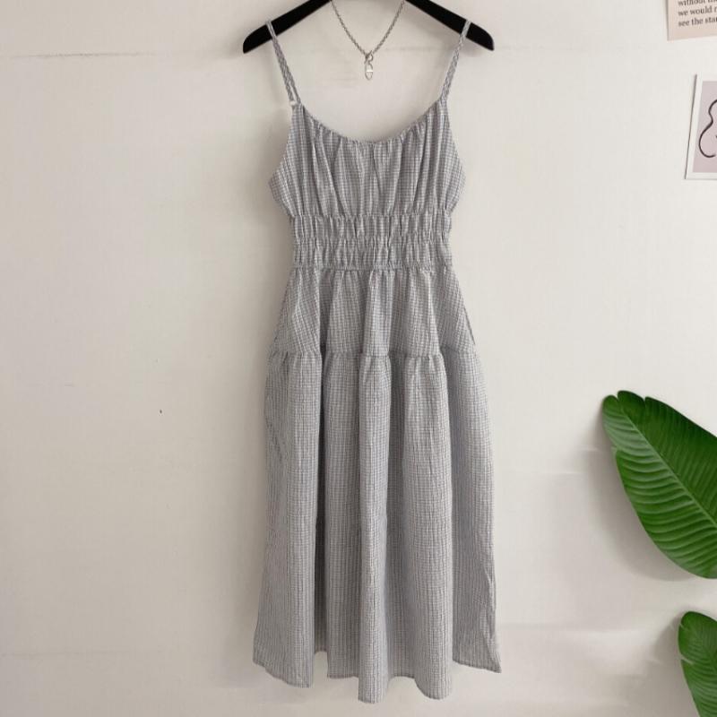 Honey J Women Checkered Ji Ji Mi Banding String Sleeveless Long Dress 2color