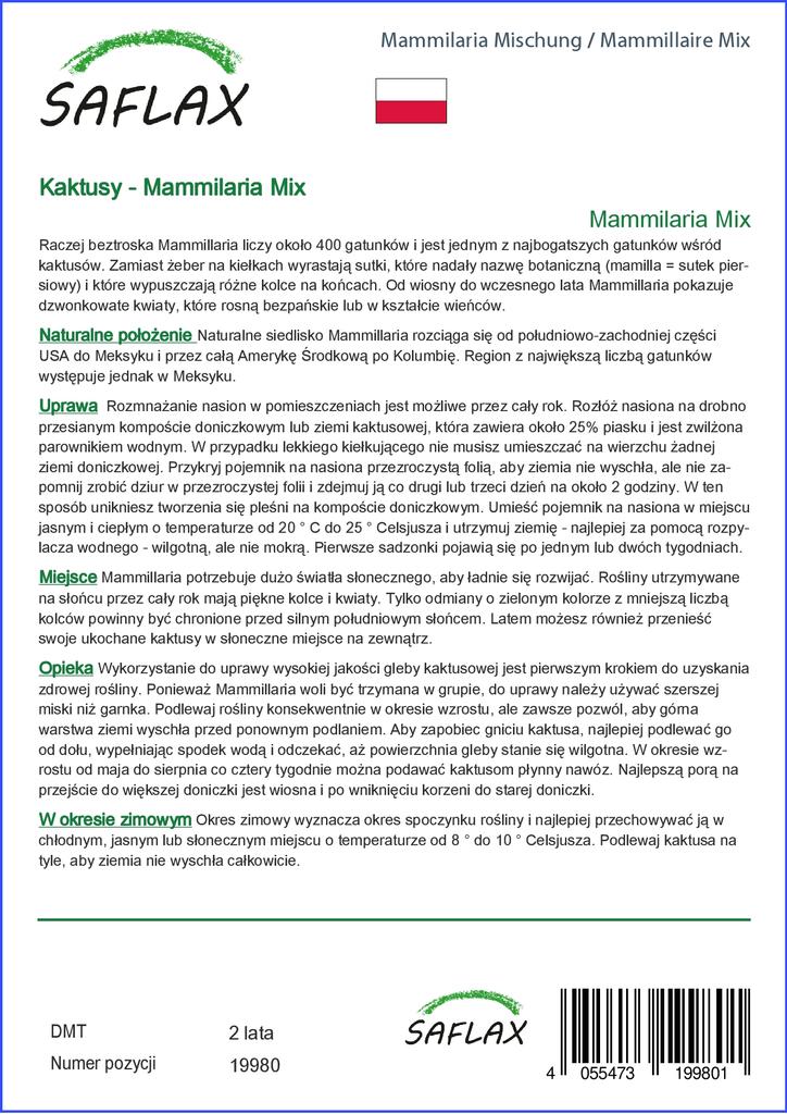 SAFLAX Garden in the Bag - Mammillaire Mix - 40 семян - С субстратом в подходящем стоячем пакете - Mammilaria Mix