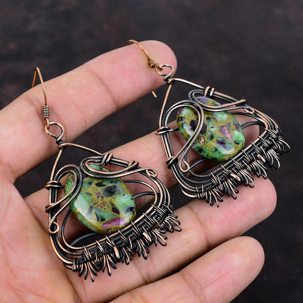 Медные рубиновые серьги с цоизитом, серьги из медной проволоки, элегантные серьги, драгоценный камень, медные ювелирные изделия, новые серьги ручной работы, подарок на годовщину