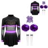 4Pcs Girls Cheer Leader Costume Long Sleeve Diamonds Dance Jumpsuit with Cheerleading Hand Flower Bowknot Hair Ties and Striped Knee High Tube Socks