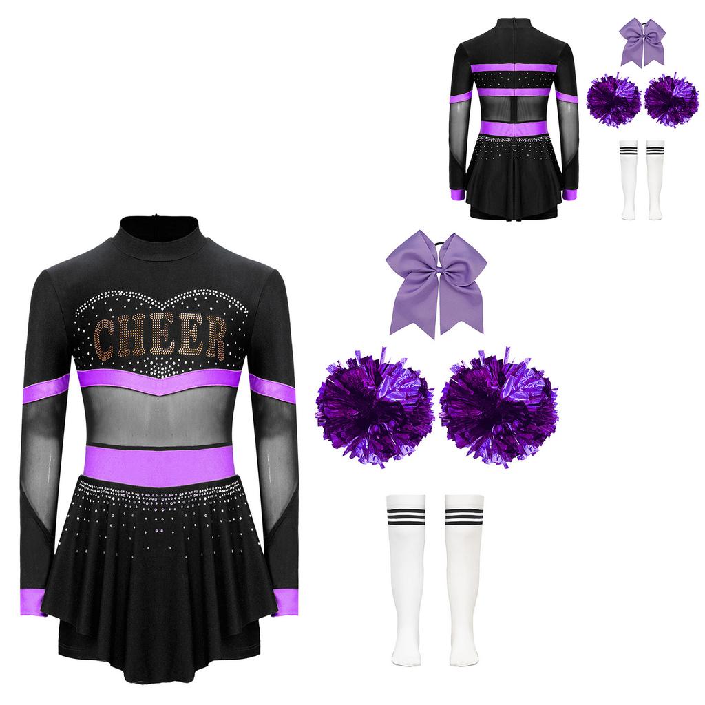 4Pcs Girls Cheer Leader Costume Long Sleeve Diamonds Dance Jumpsuit with Cheerleading Hand Flower Bowknot Hair Ties and Striped Knee High Tube Socks