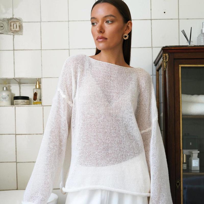 Fashion Hollow Loose Knitted Pullovers T-shirt Women Tops Spring Round Neck Flare Sleeve Women T Shirts Casual Autumn Thin Perspective Sexy Tee 25946