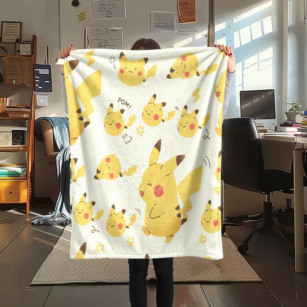 Yellow-background Pikachu Print Flannel Blanket, High quality Comfortable for All Seasons, Home Decor, Warmth and Comfort