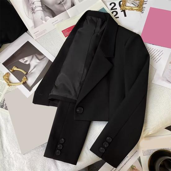 Women Short Suit Coat Lapel Long Sleeve Single Button Suit Jacket Solid Color Loose Fit Casual Business Style Suit Coat
