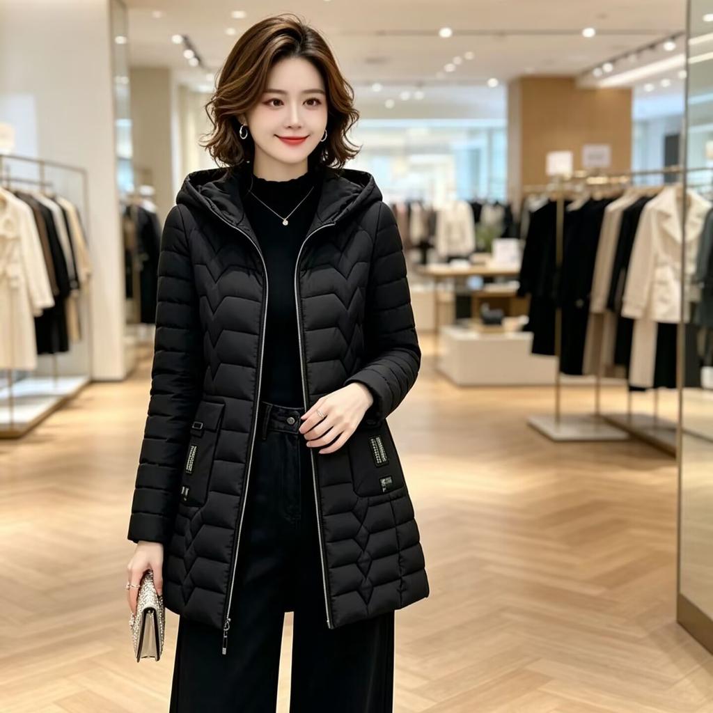 Medium and long down cotton-padded clothes, women's slim-fit hooded cotton-padded clothes, winter warm jackets, and mother's large-size cotton-pad