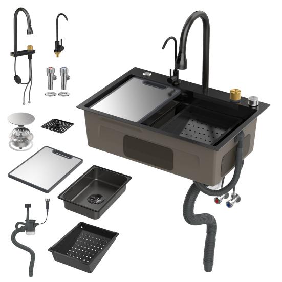 Drop in Single Bowl Bar Sink Black Waterfall Kitchen Sink, Stainless Steel with Cup Rinser, In/Undermount Farmhouse Workstation Multiple Accessories