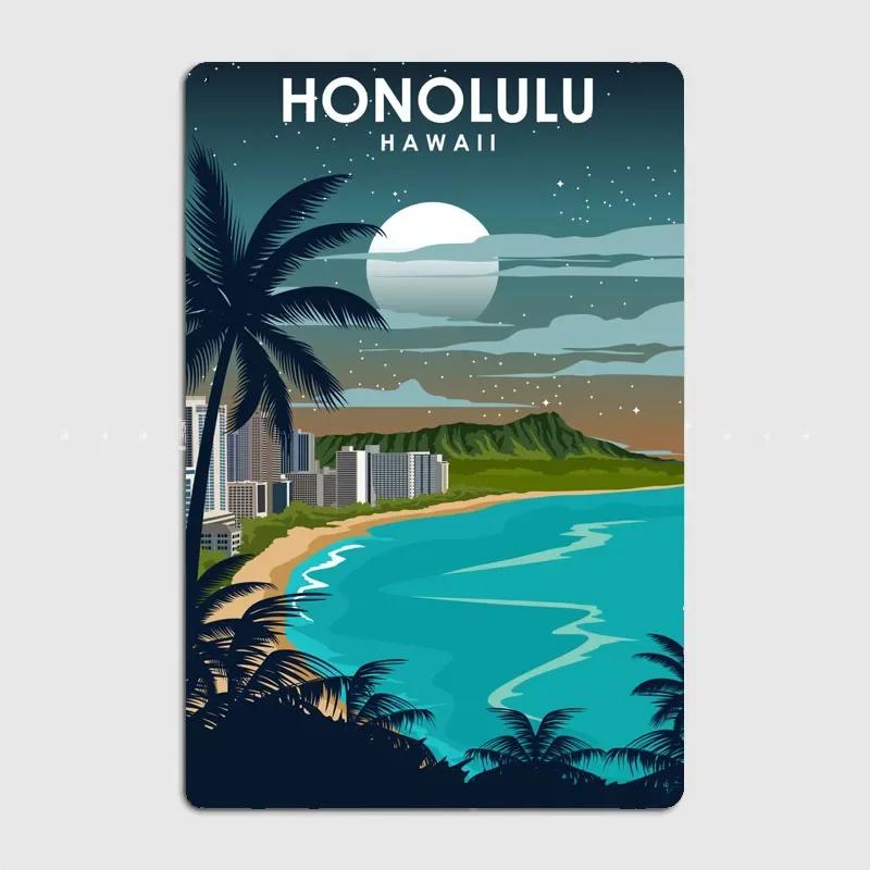 Tourist Attraction Honolulu Hawaii at Night Posters Wall Art Metal Painting Vintage Garden Tin Sign Home Decor Room Decoration