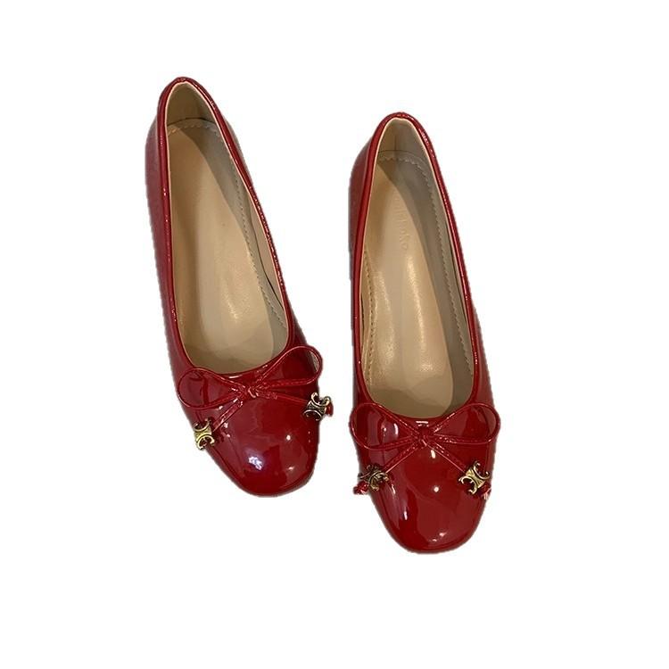 2025 новые весенне-осенние французские маленькие туфли на плоской подошве с увеличением внутренней высоты, женские балетки с бантом, с квадратным носком и мелким вырезом, одинарные туфли