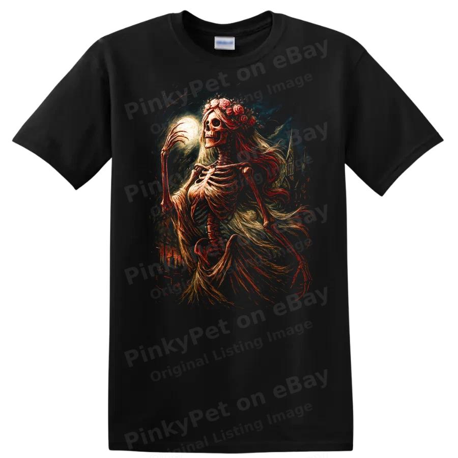 Skeleton Bride Floral Moon T Shirt Creepy Gothic Halloween Art Tee