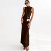 LYRIA New Style of Brown Knitted Caramel-colored Sleeveless High-neck Fitted Turtleneck Dress.