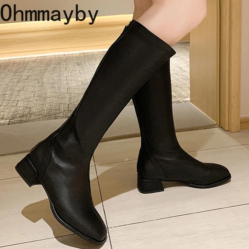 Fashion Winter Woman Knee-High Boots Fashion Comfort Soft Leather Square Low Heel Long Booties 2024 Trend Add Fur Women's Boots