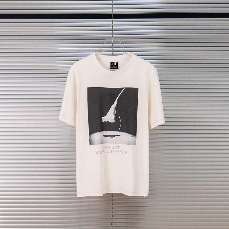26ss Heavy Fabric Cotton Oversized Tshirt Unisex Unisex Simple Abstract Pattern Print Satin T Shirt Casual Fashion Ceunisext White Tee