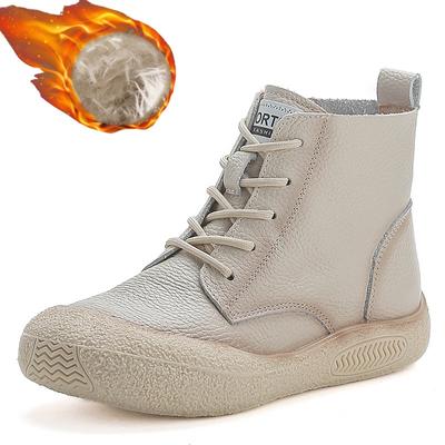 2024 Ботинки из натуральной коровьей кожи женские зимние водонепроницаемые плюшевые туфли женские на шнуровке плоская подошва меховые ботильоны женские теплые зимние ботинки