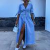 Women's Denim Long Dress V-Neck Short Sleeve Button Down Maxi Dress Casual