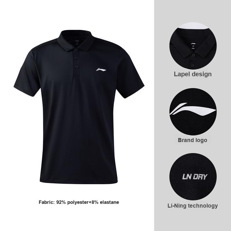 Li-Ning Универсальная Простая Модная Однотонная Кофта Рубашка Поло С Коротким Рукавом Мужские Топы Черный APLW517-2