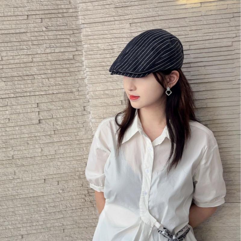 25 Early Autumn New Striped Retro Forward Hat Women's Vintage Big Head Circumference Duckbill Hat Beret Tide