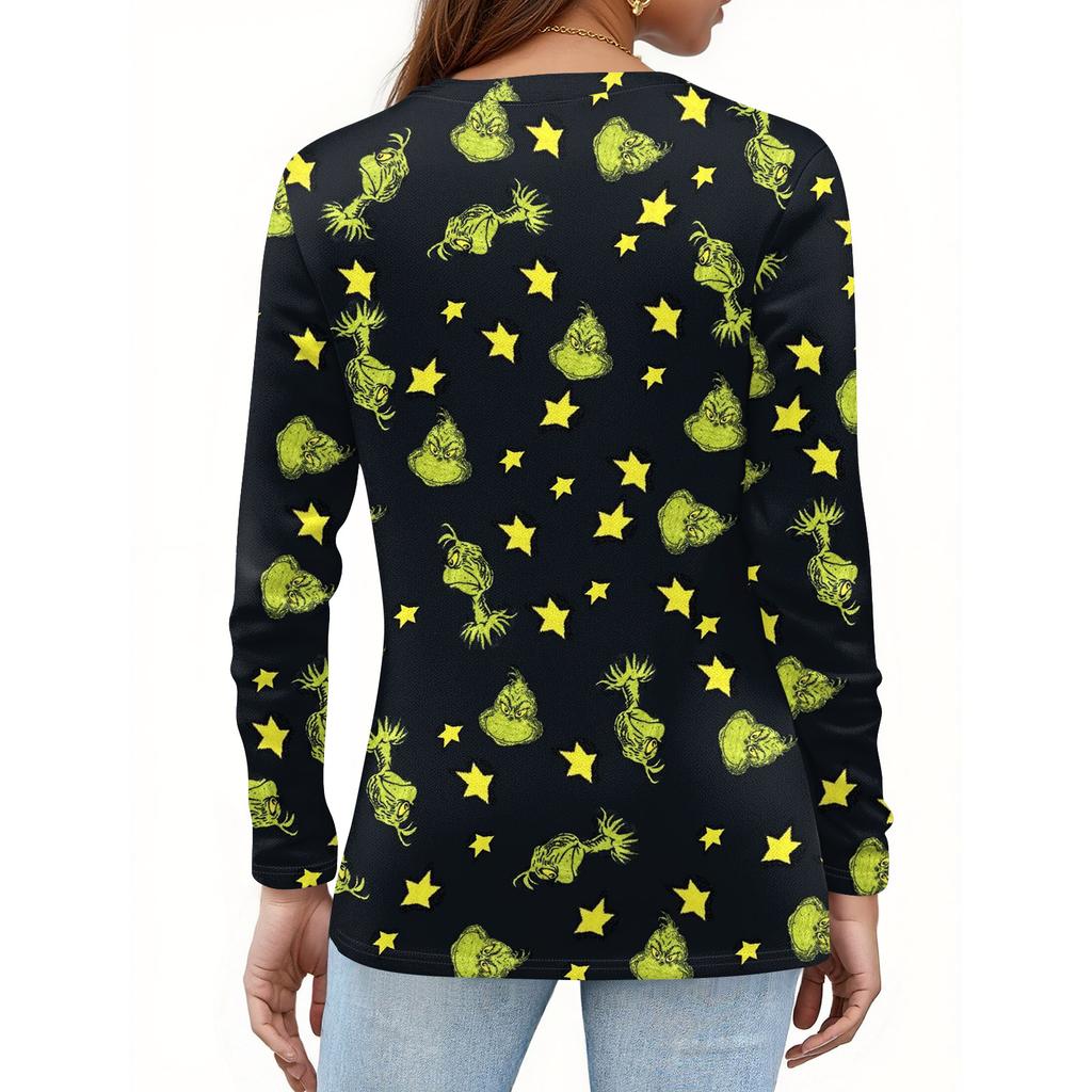 Women's Fashion Casual V-Neck Long Sleeve Decorative Button Christmas Print Top