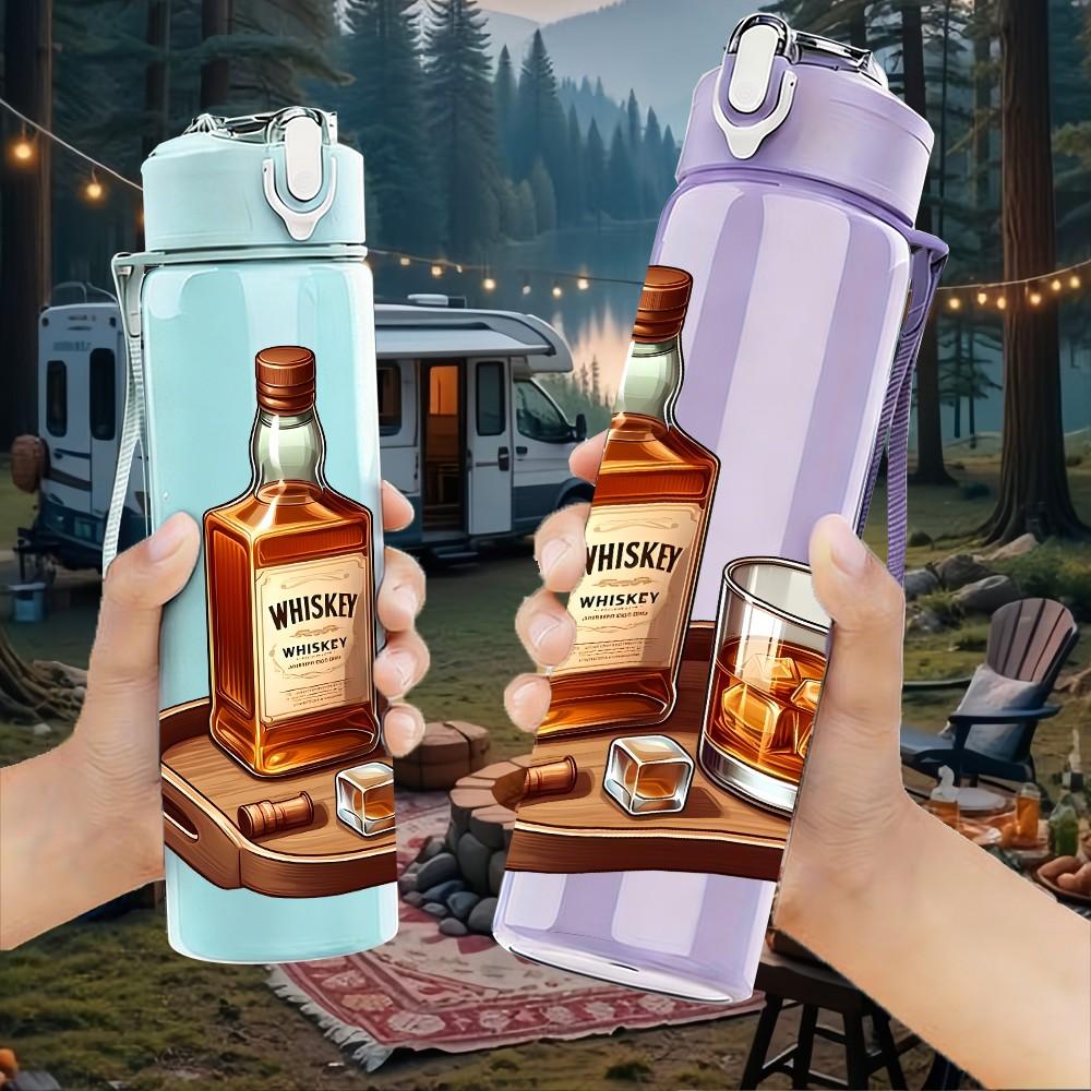 1PC Whiskey Bottle Glass Retro Print 750ml Color Plastic Sports Water Bottle Leakproof Flip Straw Lid Suitable for Sports Office Home Use