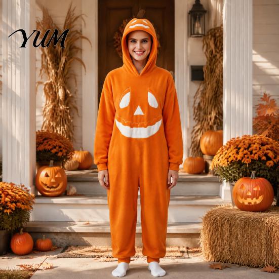 Funny Cosplay Romper Halloween Pumpkin Onesie Pajamas, Adult Jumpsuit with Happy Plush Fleece Homewear Face, Soft Hooded Costume for Party Night,