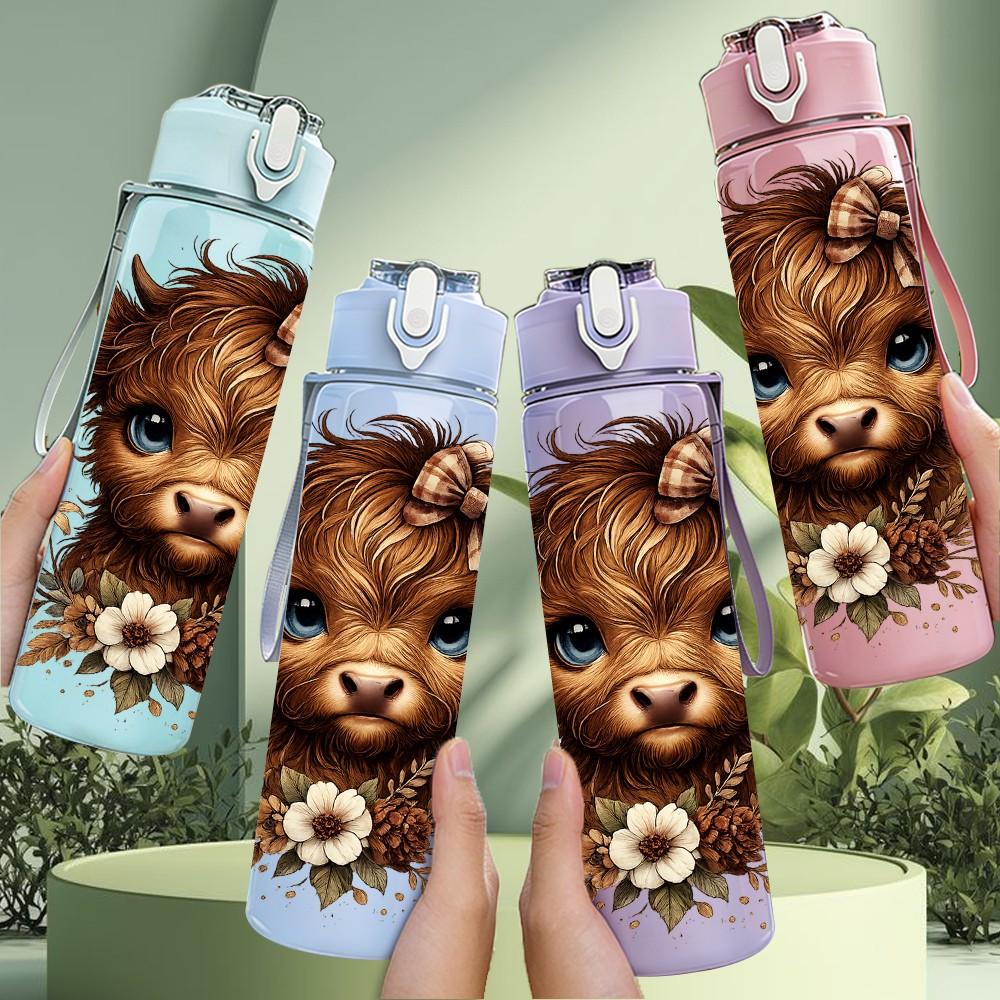 1PC Baby Highland Cow Flower Print 750ml Color Plastic Sports Water Bottle Leakproof Flip Straw Lid Suitable for Sports Office Home Use