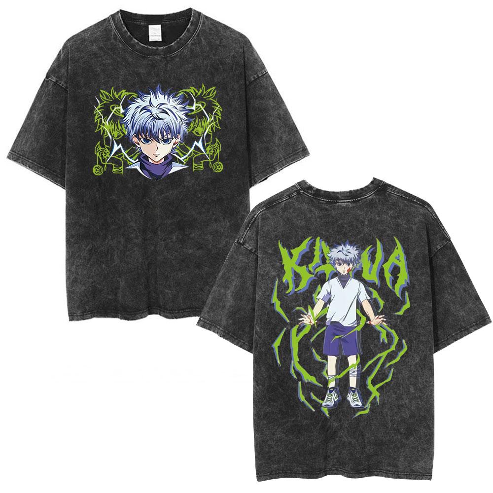 Аниме Hunter X Hunter Логотип Винтажная стираная футболка Киллуа Гон Вишневый цвет Графическая футболка Мужская модная повседневная оверсайз футболка
