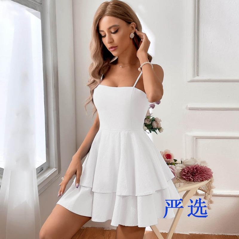 Летняя мода подтяжки мини короткое платье повседневные сексуальные женщины спина бант оборки А-силуэта элегантные вечерние платья однотонные простые женские одежда