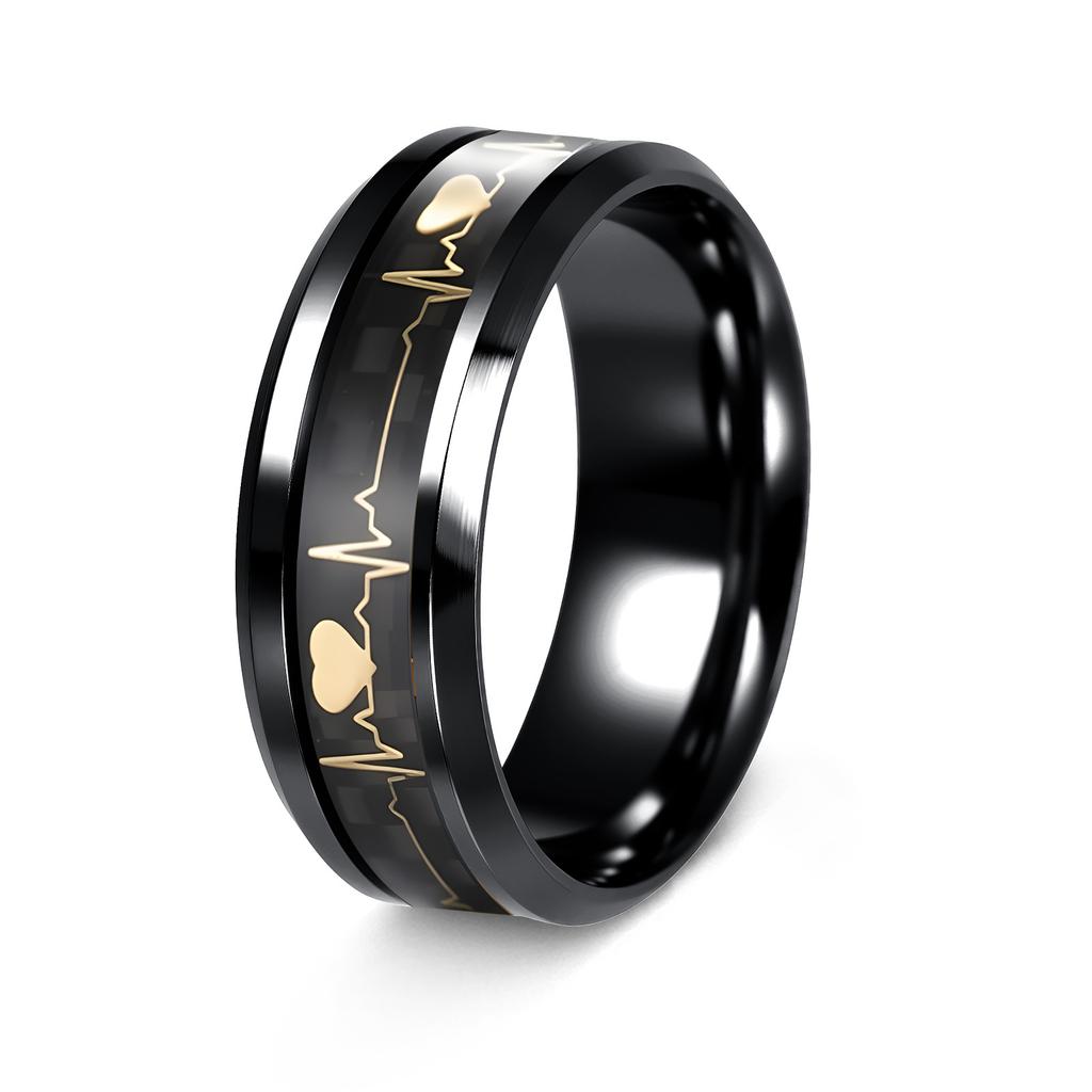 Valentine's Day Jewelry 8mm Inlaid Carbon Fiber Ring Couple ECG Heartbeat Titanium Steel Ring