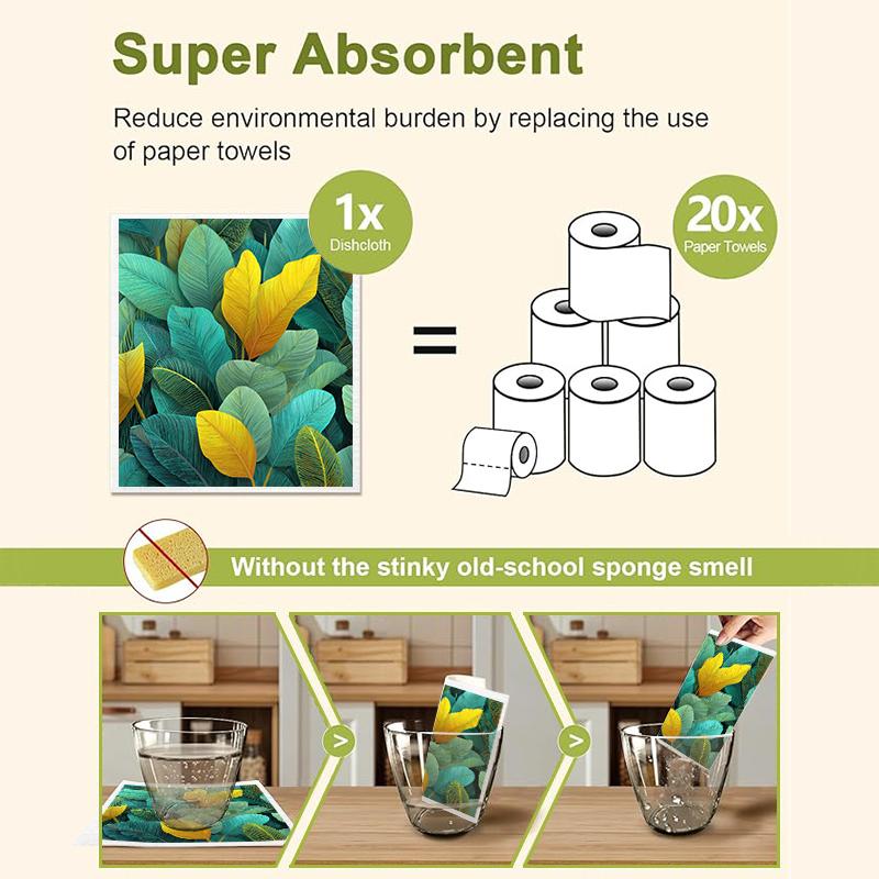 6 шт. Салфетки для мытья посуды шведские с принтом зеленых листьев, Экологичные кухонные тряпки, Впитывающие кухонные полотенца, Многоразовые моющиеся чистящие салфетки