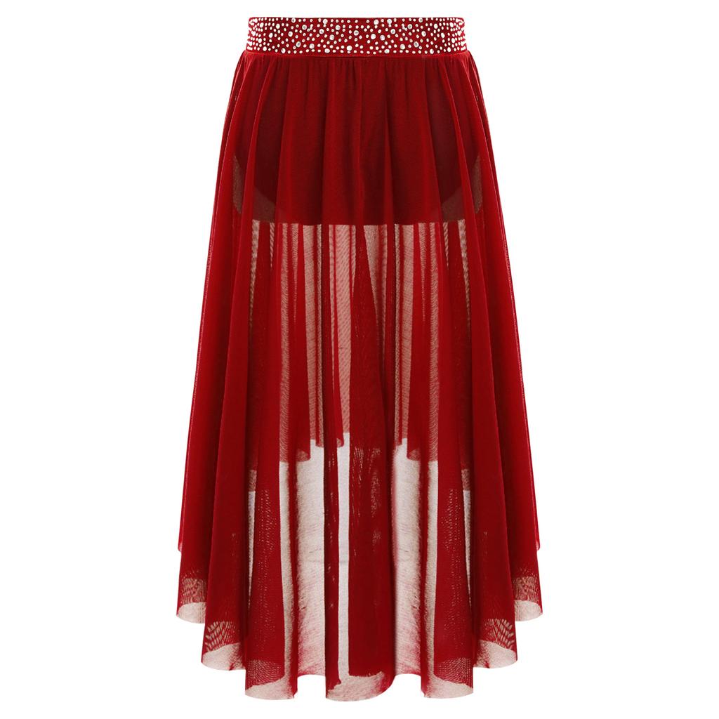 Юбка для лирического танца для девочек с блестящим поясом из стразов, сетчатая юбка хай-лоу, боковой разрез, современный