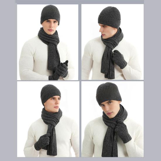 3Pcs/Set Women Winter Hat Scarf Gloves Set Solid Color Knitting Hat Long Scarf Touchscreen Gloves Set Winter Accessories