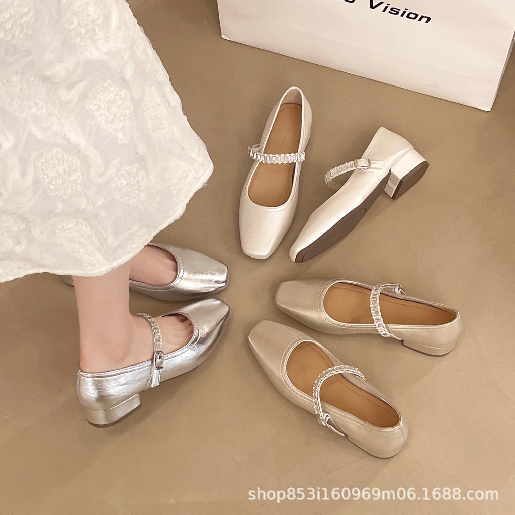 Xiaoxiangfeng Square Head Gentle Single Shoes Women's 2025 Autumn New Rhinestone Word with Shallow Thick Heel Mary Jane Shoes Women